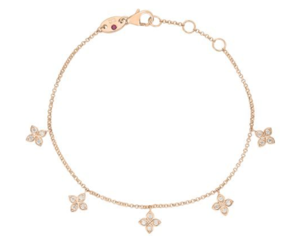 Roberto Coin 18K ROSE GOLD LOVE BY THE INCH DANGLING 5 STATION DIAMOND FLOWER BRACELET