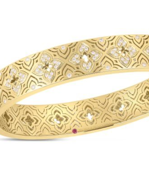 Roberto Coin 18K YELLOW GOLD VENETIAN PRINCESS ETCHED FRAME DIAMOND FLOWER BANGLE
