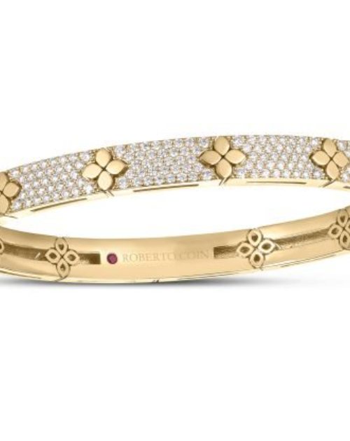 Roberto Coin 18K YELLOW GOLD LOVE IN VERONA PAVE DIAMOND & POLISHED FLOWER BANGLE