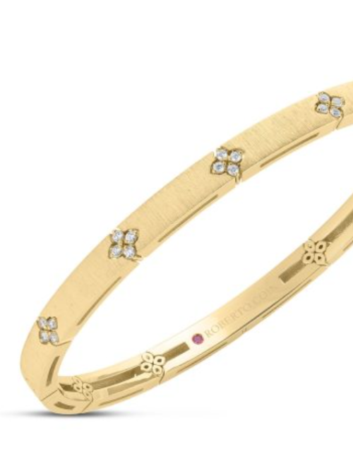 Roberto Coin 18K YELLOW GOLD LOVE IN VERONA NARROW WIDTH DIAMOND ACCENT & SATIN FINISH BANGLE