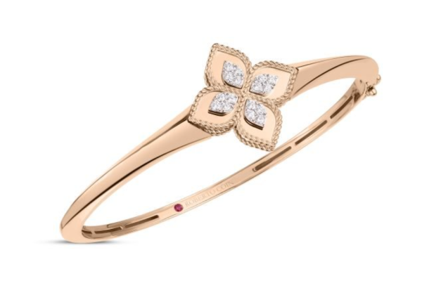 Roberto Coin 18K ROSE/WHITE GOLD PRINCESS FLOWER DIAMOND KNIFE EDGE BANGLE
