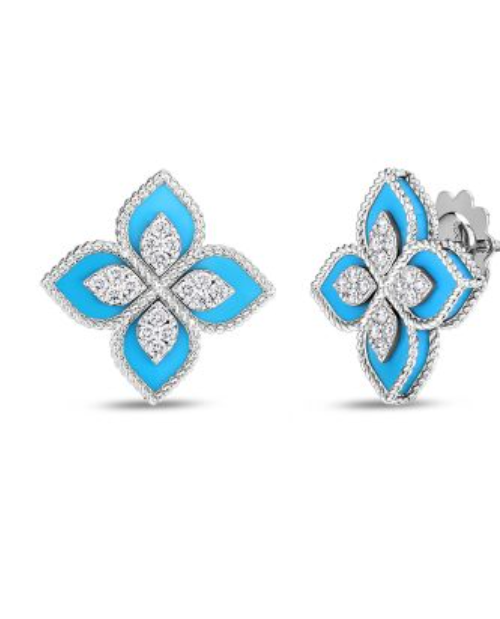 Roberto Coin 18K WHITE GOLD VENETIAN PRINCESS DIAMOND & TURQUOISE FLOWER STUD EARRINGS