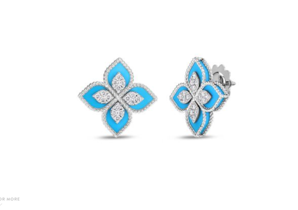 Roberto Coin 18K WHITE GOLD VENETIAN PRINCESS DIAMOND & TURQUOISE FLOWER STUD EARRINGS
