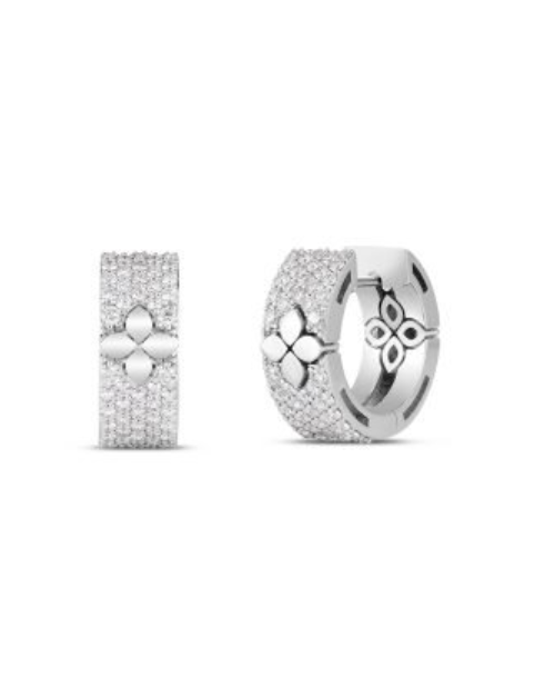Roberto Coin 18K WHITE GOLD LOVE IN VERONA PAVE DIAMOND & POLISHED FLOWER HOOP EARRINGS