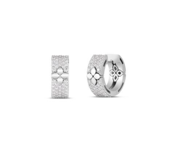 Roberto Coin 18K WHITE GOLD LOVE IN VERONA PAVE DIAMOND & POLISHED FLOWER HOOP EARRINGS