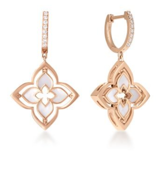 Roberto Coin  18K ROSE GOLD VENETIAN PRINCESS PIROUETTE PAVE DIAMOND & MOTHER OF PEARL SMALL FLOWER DROP EARRINGS