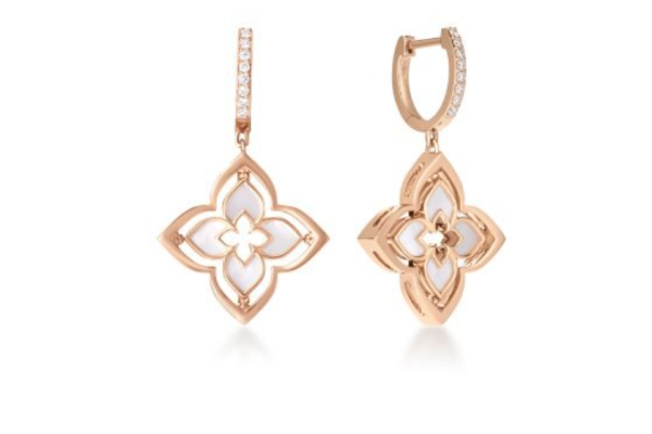 Roberto Coin  18K ROSE GOLD VENETIAN PRINCESS PIROUETTE PAVE DIAMOND & MOTHER OF PEARL SMALL FLOWER DROP EARRINGS