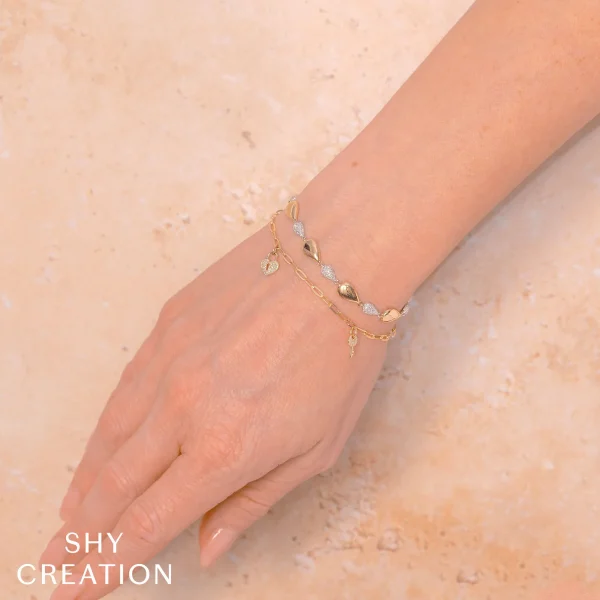 Shy Creation Kate 0.10CT DIAMOND PAVE HEART LOCK & KEY PAPER CLIP LINK BRACELET