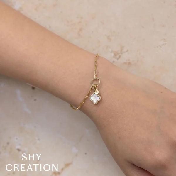 Shy Creation Kate 0.12CT DIAMOND & 0.54CT MOTHER OF PEARL CLOVER PAPER CLIP LINK BRACELET
