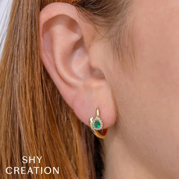 Shy Creation Color 0.14CT DIAMOND & 0.26CT EMERALD PEAR OVAL HOOP EARRING