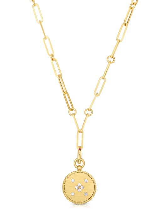 Roberto Coin 18K YELLOW GOLD VENETIAN PRINCESS DIAMOND & SATIN FINISH SMALL MEDALLION NECKLACE