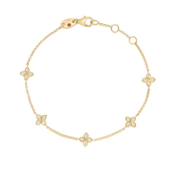 Roberto Coin 18K YELLOW GOLD LOVE BY THE INCH 5 STATION DIAMOND FLOWER BRACELET
