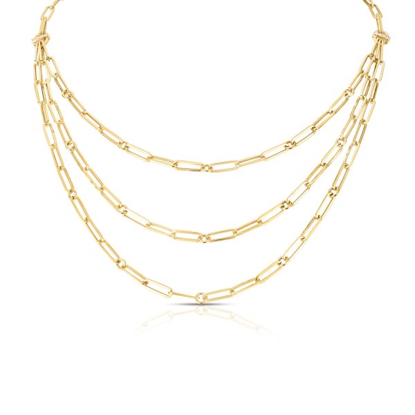Roberto Coin 18K YELLOW DESIGNER GOLD TRIPLE STRAND PAPERCLIP CHAIN & DIAMOND NECKLACE