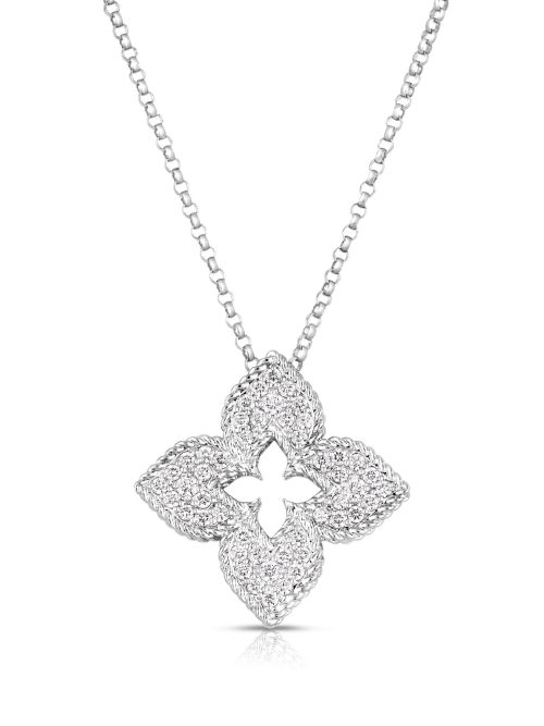 7773266AW17X-MnlRj0TJVb1q5K1.z Roberto Coin 18K WHITE GOLD VENETIAN PRINCESS PAVE DIAMOND MEDIUM FLOWER NECKLACE