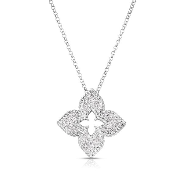 Roberto Coin 18K WHITE GOLD VENETIAN PRINCESS PAVE DIAMOND MEDIUM FLOWER NECKLACE
