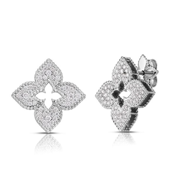 Roberto Coin 18K WHITE GOLD VENETIAN PRINCESS PAVE DIAMOND MEDIUM FLOWER STUD EARRINGS