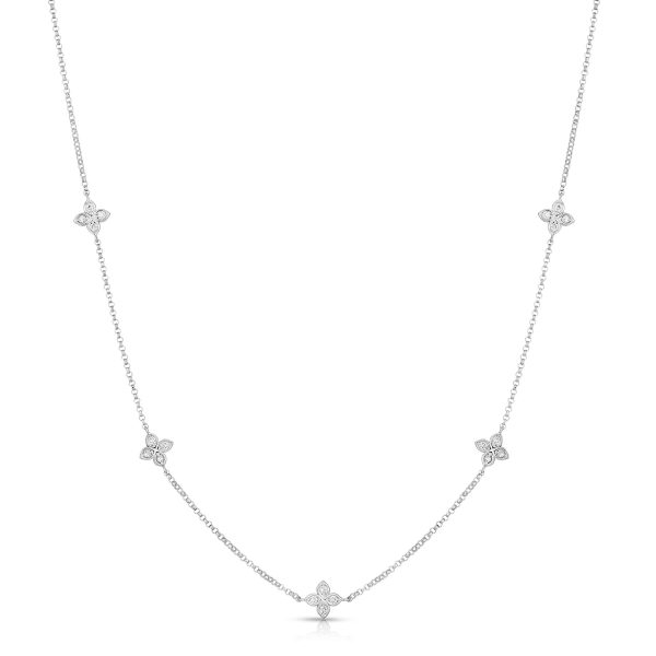 Roberto Coin 18K WHITE GOLD LOVE BY THE INCH 5 STATION DIAMOND FLOWER NECKLACE