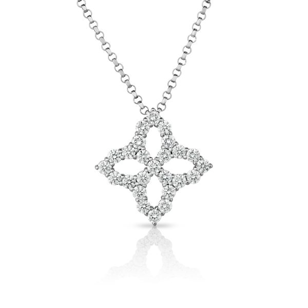 Roberto Coin  18K WHITE GOLD DIAMOND PRINCESS OUTLINE MEDIUM FLOWER NECKLACE