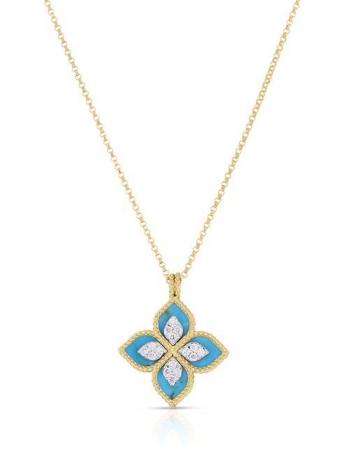 8882784AJ18XT-yihf4roVQoG9g73.z Roberto Coin 18K YELLOW/WHITE GOLD VENETIAN PRINCESS DIAMOND & TURQUOISE FLOWER NECKLACE