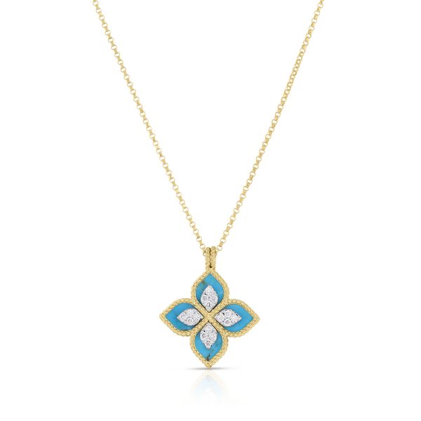 Roberto Coin  18K YELLOW/WHITE GOLD VENETIAN PRINCESS DIAMOND & TURQUOISE FLOWER NECKLACE