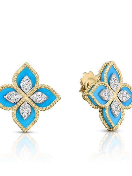8882784AJERXT-BNO3HB2B2r5T8ih.z Roberto Coin 18K YELLOW/WHITE GOLD VENETIAN PRINCESS DIAMOND & TURQUOISE FLOWER STUD EARRINGS