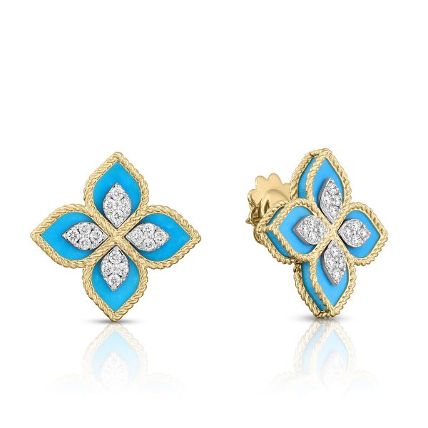 Roberto Coin 18K YELLOW/WHITE GOLD VENETIAN PRINCESS DIAMOND & TURQUOISE FLOWER STUD EARRINGS