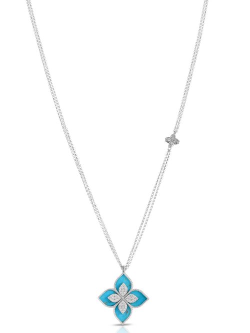 8882785AW33XT-5p39AJ1NIh5I96d.z Roberto Coin 18K WHITE VENETIAN PRINCESS DIAMOND & TURQUOISE PENDANT WITH CHAIN