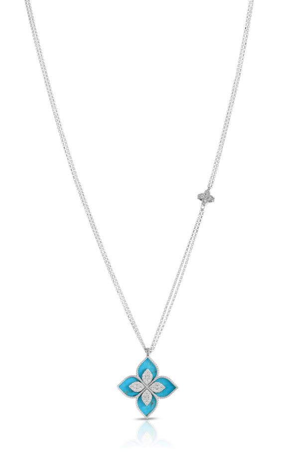 Roberto Coin 18K WHITE VENETIAN PRINCESS DIAMOND & TURQUOISE PENDANT WITH CHAIN