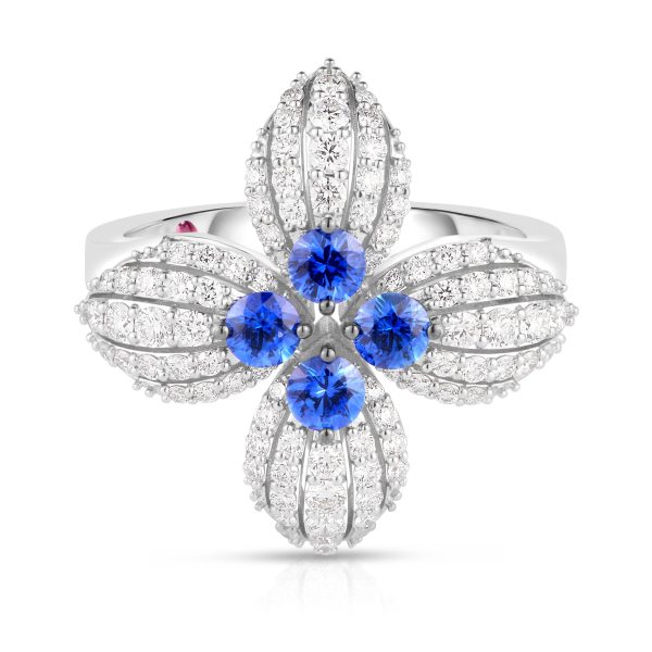 Roberto Coin 18K WHITE GOLD LOVE IN VERONA DIAMOND AND BLUE SAPPHIRE FLOWER RING