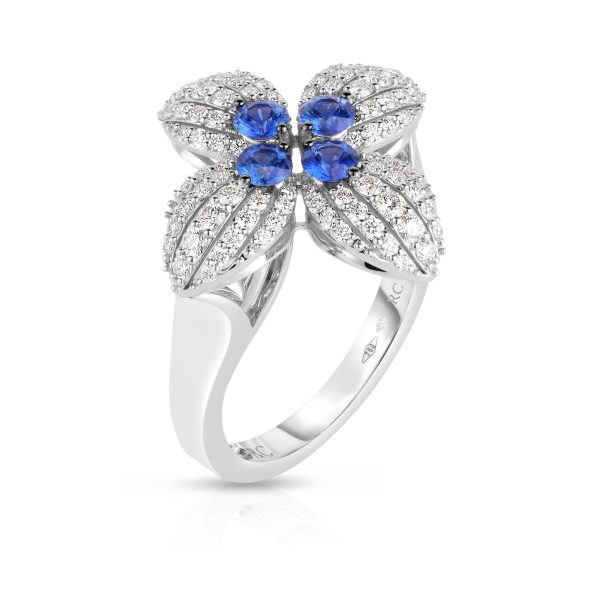Roberto Coin 18K WHITE GOLD LOVE IN VERONA DIAMOND AND BLUE SAPPHIRE FLOWER RING