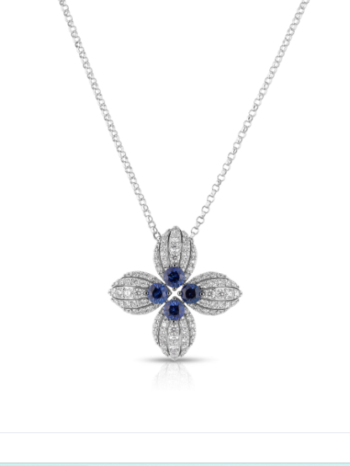 Screenshot 2025-08-29 171427 Roberto Coin 18K WHITE GOLD LOVE IN VERONA DIAMOND AND BLUE SAPPHIRE FLOWER NECKLACE