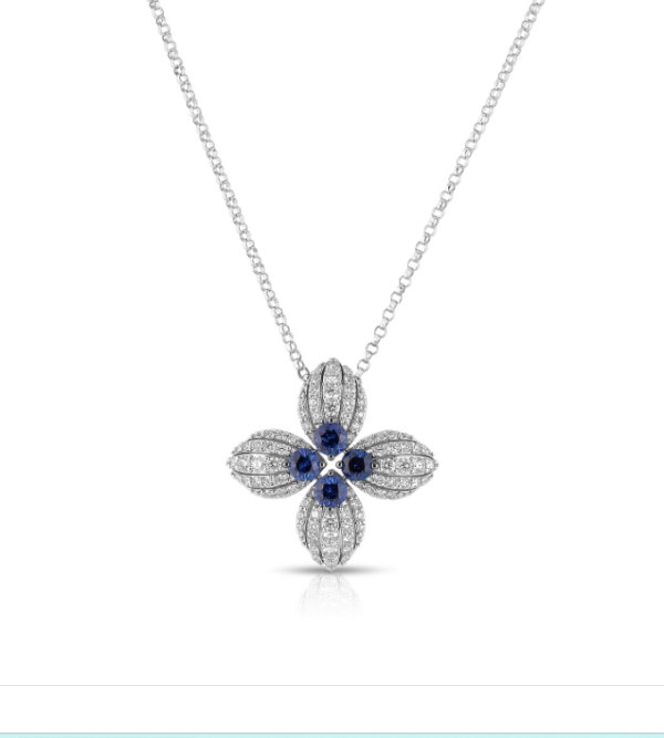 Roberto Coin 18K WHITE GOLD LOVE IN VERONA DIAMOND AND BLUE SAPPHIRE FLOWER NECKLACE