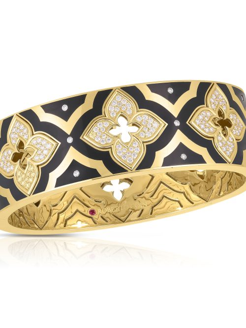 Roberto Coin 18K YELLOW GOLD VENETIAN PRINCESS WIDE DIAMOND & BLACK ENAMEL FLOWER WIDE BANGLE