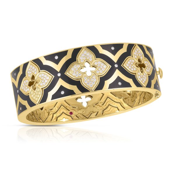 Roberto Coin 18K YELLOW GOLD VENETIAN PRINCESS WIDE DIAMOND & BLACK ENAMEL FLOWER WIDE BANGLE