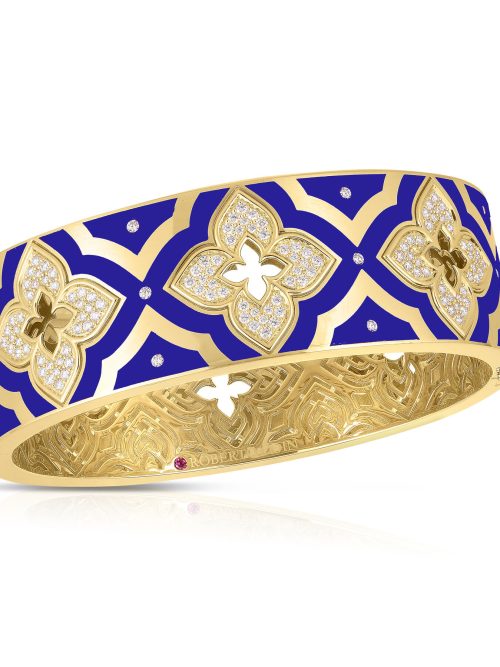Roberto Coin 18K YELLOW GOLD VENETIAN PRINCESS WIDE DIAMOND & BLUE ENAMEL FLOWER WIDE BANGLE