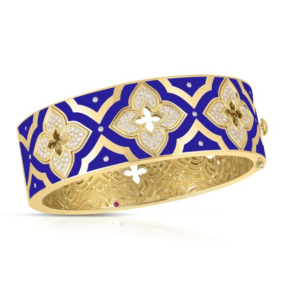 Roberto Coin 18K YELLOW GOLD VENETIAN PRINCESS WIDE DIAMOND & BLUE ENAMEL FLOWER WIDE BANGLE