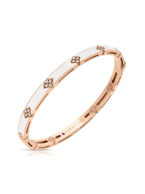 8883704AXBAX-PdZm6.z Roberto Coin 18K ROSE GOLD LOVE IN VERONA DIAMOND & WHITE ENAMEL BANGLE