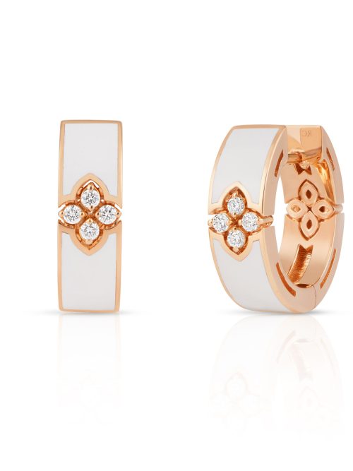 8883704AXERX-wVXwB.z Roberto Coin 18K ROSE GOLD LOVE IN VERONA DIAMOND & WHITE ENAMEL HOOP EARRINGS