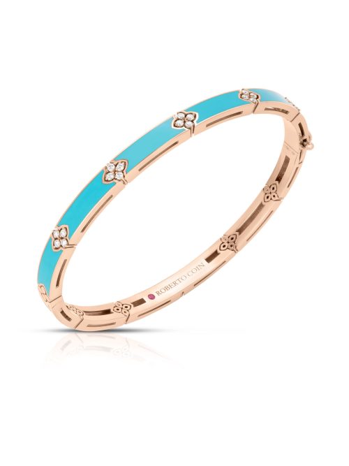 8883708AXBAX-pk2ZZ.z Roberto Coin 18K ROSE GOLD LOVE IN VERONA DIAMOND & CYAN ENAMEL BANGLE