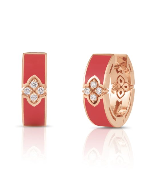 8883709AXERX-RjMPO.z Roberto Coin 18K ROSE GOLD LOVE IN VERONA DIAMOND & CORAL ENAMEL HOOP EARRINGS
