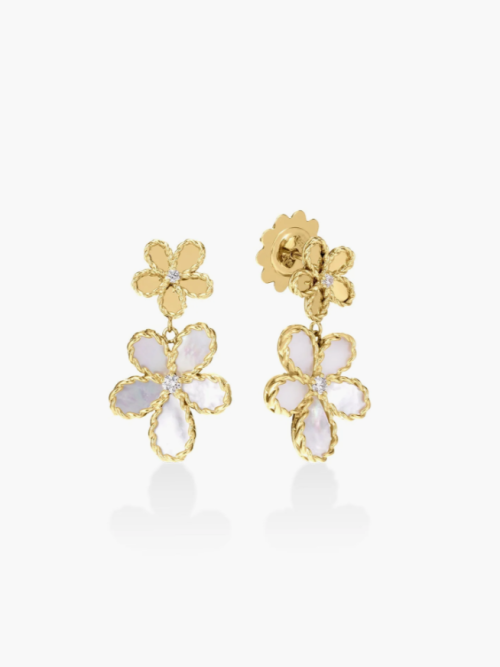 Roberto Coin JASMINE DIAMOND AND MOTHER OF PEARL DOUBLE FLOWER DANGLE EARRINGS